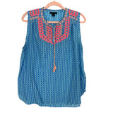 J Crew Blue Printed Silk Blend Embroidered Tassel Top- Size 12