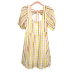 Mable Pink/Yellow/Orange Striped Puff Sleeve Tie Back Dress NWT- Size M