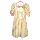 Mable Pink/Yellow/Orange Striped Puff Sleeve Tie Back Dress NWT- Size M