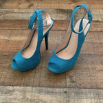 Heart in D Dark Teal Suede Peep Toe Platform Ankle Strap Stilettos- Size 8.5 (LIKE NEW)