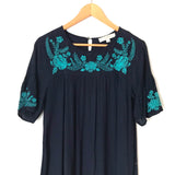 LOFT Navy Drop Waist Dress with Teal Floral Embroidery Dress- Size S