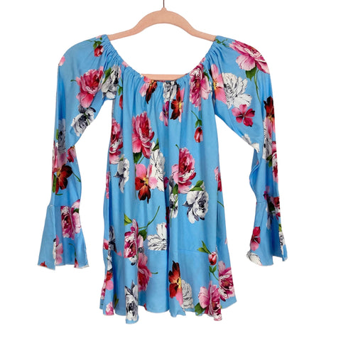 Walker & Wade Blue Floral Off the Shoulder Bell Sleeve Top NWT- Size XS