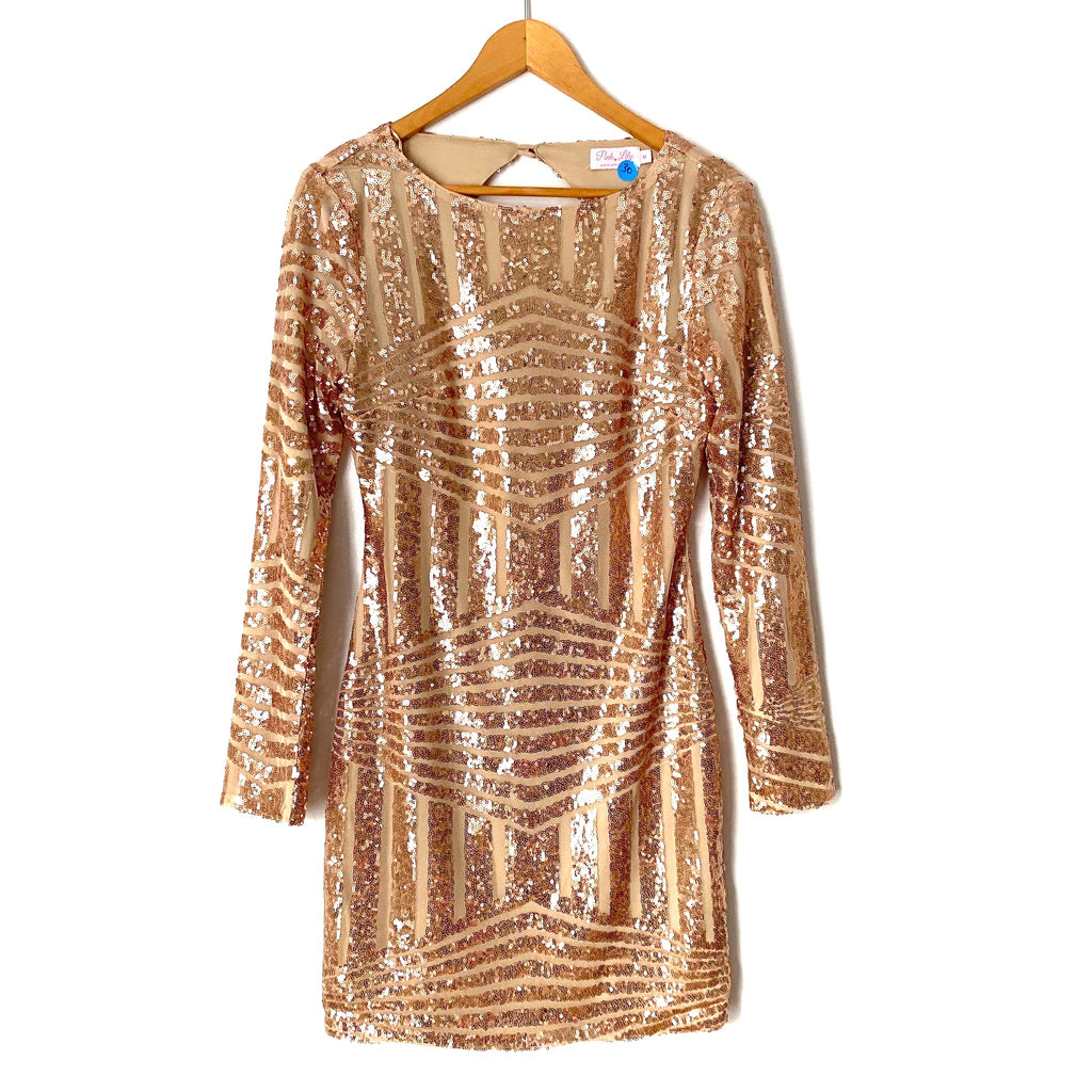 Pink Lily Rose Gold Sequin Dress with Exposed Back Dress- Size M The Saved Collection Pink Lily Rose Gold Sequin Dress with Exposed Back Dress- Size M The Saved Collection