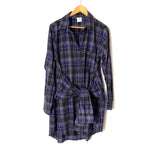 By Together Blue Plaid Front Tie Raw Hem Shirt Dress- Size L
