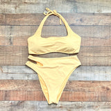 Abercrombie & Fitch Yellow Ribbed Terry Cloth Cut Out High Waisted Cheeky Bikini Bottoms- Size XL (sold out online, we have matching top and skirt cover up)