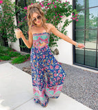 Magnolia Boutique Navy Floral Front and Back Cutout Wide Leg Strapless Jumpsuit- Size S (see notes)