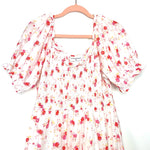 Love Shack Fancy For Target White/Pink/Orange Floral Print Smocked Bodice Ruffle Bottom Dress- Size L