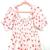 Love Shack Fancy For Target White/Pink/Orange Floral Print Smocked Bodice Ruffle Bottom Dress- Size L