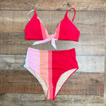 Beach Joy Red/Coral/Peach/Pink Striped Front Tie Padded Bikini Top- Size L (we have matching bottoms)