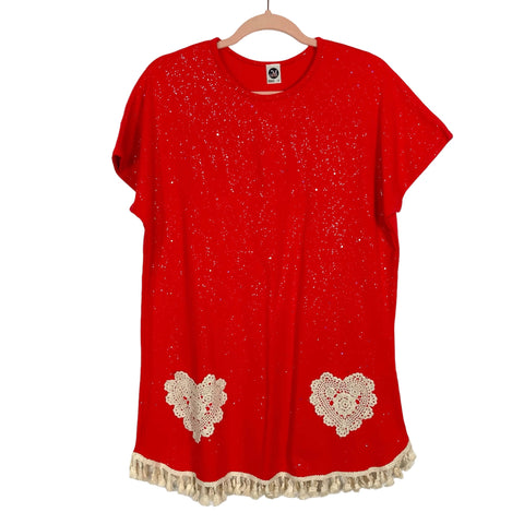 The Mini Mumu Red with Crochet Hearts and Fringe Dress- S (we have matching toddler dress)