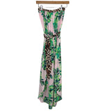 Venus Palm Leaf and Animal Print Belted Strapless Side Leg Slit Jumpsuit- Size S