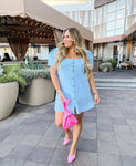 Almost There Chambray Button Up Puff Sleeve Dress- Size XL