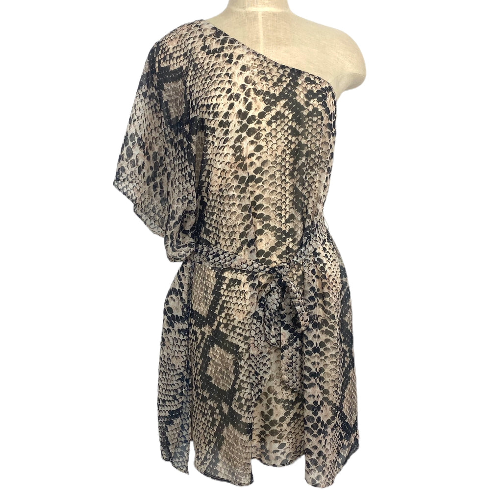 Show Me Your Mumu Snakeskin Print One Shoulder Batwing Sleeve Belted Dress- Size S Show Me Your Mumu Snakeskin Print One Shoulder Batwing Sleeve Belted Dress- Size S