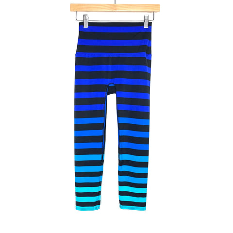 K-Deer Black And Blue Striped High Waisted Capri Leggings- Size S (Inseam 20")