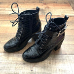 Topshop Black Shiny Lace Up Buckle Croc Heel Boots- Size 39