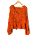 Free People Orange V-Neck Wool Blend Open Knit Bubble Sleeve Sweater- Size S