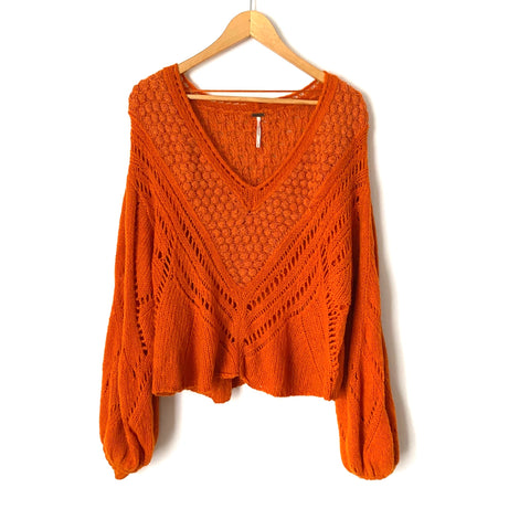 Free People Orange V-Neck Wool Blend Open Knit Bubble Sleeve Sweater- Size S
