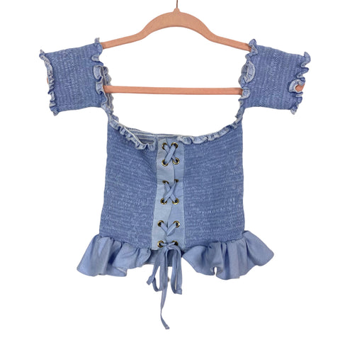Peixoto Blue Smocked Lace Up with Ruffle Hem Off the Shoulder Crop Top- Size XS