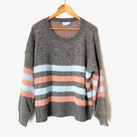 Pink Lily Fuzzy Grey/Pink/Blue Sweater- Size S/M