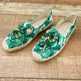 Chinese Laundry White And Palm Print With Gem Design And Pearl Lady Bug Espadrille- Size 7 Like New