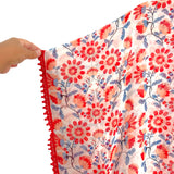 Jade Melody Tam Red/Blue Floral with Crochet Trim and Tassels Sheer Poncho Cover Up- Size M/L