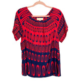 Britt Ryan Red/Navy Pattern with Split Back and Gold Button Detail Top- Size M