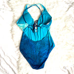 Carmen Marc Valvo Greens and Blues Front Beaded Plunge Neckline Strappy Back Tie One Piece- Size 14