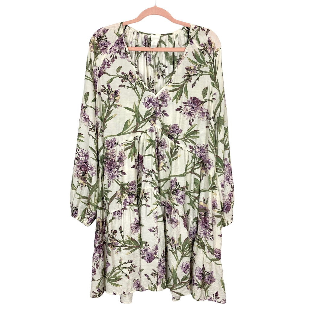 H&M Purple/Green Floral A-Line V-Neck Long Sleeve Dress- Size L The Saved Collection H&M Purple/Green Floral A-Line V-Neck Long Sleeve Dress- Size L The Saved Collection