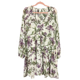 H&M Purple/Green Floral A-Line V-Neck Long Sleeve Dress- Size L