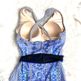 Cabana Life Blue Printed Deep V Belted Built In Bra One Piece- Size L