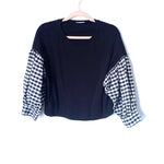 Voila Black Top with Checkered 3/4 Balloon Sleeves- Size S