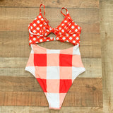 Cupshe Orange/White/Peach Checkered Cut Out Swimsuit NWT- Size S