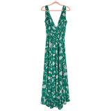 Aakaa Green Floral Wrap Bodice Deep V-Neck with Tassel Tie Back Maxi Dress- Size M