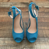 Heart in D Dark Teal Suede Peep Toe Platform Ankle Strap Stilettos- Size 8.5 (LIKE NEW)