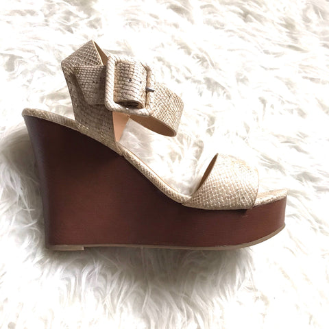 CityClassified Gold Animal Print Ankle Strap Wedges- Size 7.5