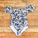 Lauren Ralph Lauren White and Blue Floral Belted Padded One Piece- Size XXL (see notes)