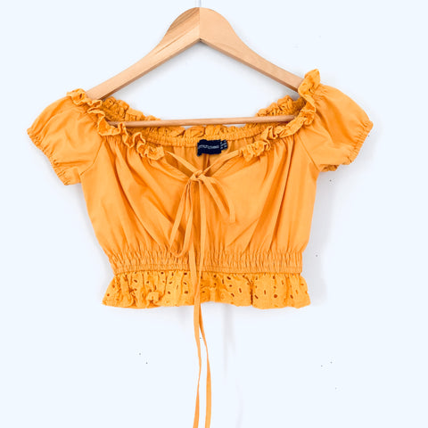 Prettylittlething Yellow Off the Shoulder Eyelet Crop Top- Size 00 (Matching skirt sold separately)