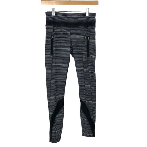 Lululemon Black and White Striped with Zipper Front Pockets and Mesh Hem Cropped Leggings- Size 4 ( Inseam 25")