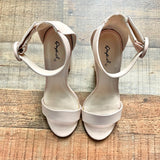 Qupid Tan Open Toe Ankle Strap Block Heels- Size ~7 (see notes)