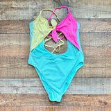 Xhilaration Mint/Pink/Yellow Color Block Ribbed Tie Front with Cut Out One Piece- Size XL (sold out online)