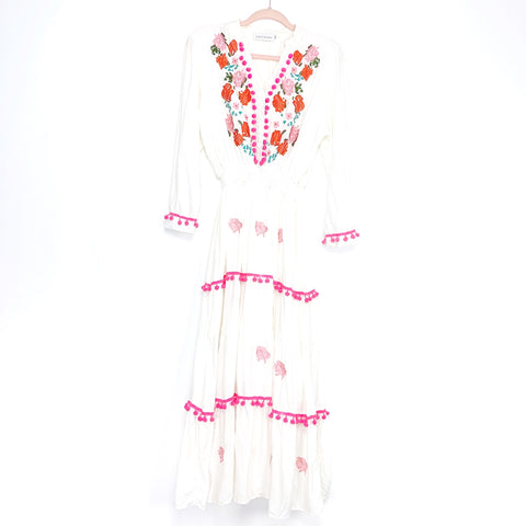 Chicwish White Embroidered Pom Pom Trim Dress- Size M (see notes)