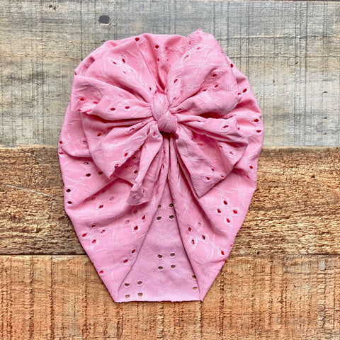 No Brand Pink Eyelet Lace Bow Headwrap- Size ~6-12M (see notes)