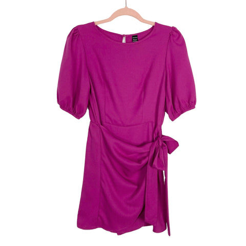 Shein Hot Pink Puff Sleeve Faux Wrap Dress- Size 4