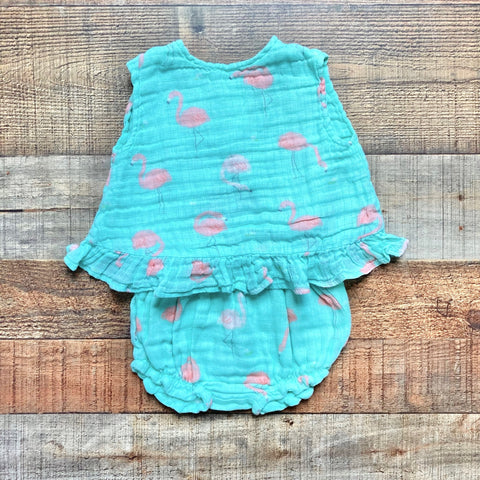 Angel Dear Mint Flamingo Print Muslin Criss Cross Back Dress with Bloomers- Size 3-6M (we have matching blanket)