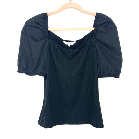 Amaryllis Black Ribbed Puff Sleeve Top- Size XL