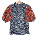 THML Printed Embroidered Puff Sleeve Mock Neck Button Up Back Top NWT- Size XS (sold out online)