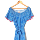 Flying Tomato Blue Print Off the Shoulder High/Low Hot Pink Pom Pom Detail Dress- Size S
