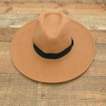 No Brand Camel Wool Wide Brim Black Belted Hat