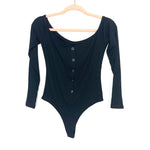 Privacy Please Black Ribbed Button Off The Shoulder Thong Bodysuit- Size S