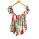 Vine & Love Red and Green Palm Off the Shoulder Top- Size M